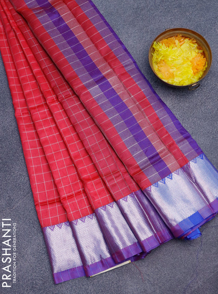 Semi mangalgiri silk saree pink and dual shade of blue with allover silver zari checked pattern and silver zari woven border