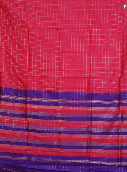 Semi mangalgiri silk saree pink and dual shade of blue with allover silver zari checked pattern and silver zari woven border