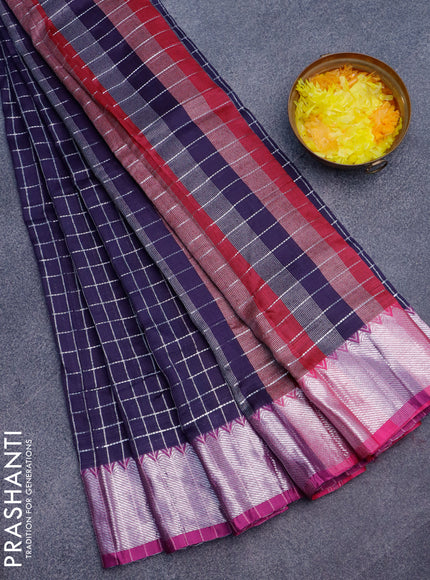 Semi mangalgiri silk saree dark navy blue and dark pink with allover silver zari checked pattern and silver zari woven border