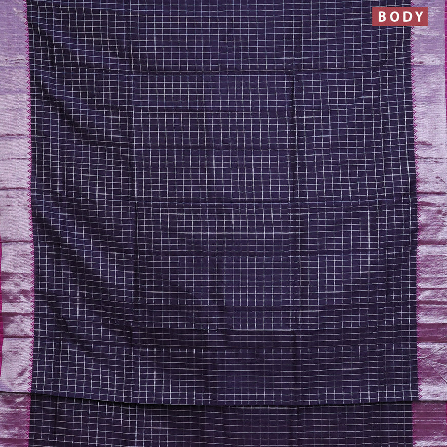 Semi mangalgiri silk saree dark navy blue and dark pink with allover silver zari checked pattern and silver zari woven border