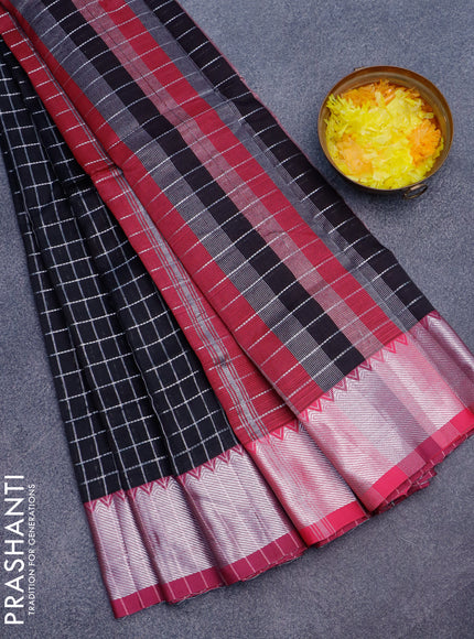 Semi mangalgiri silk saree black and dark pink with allover silver zari checked pattern and silver zari woven border