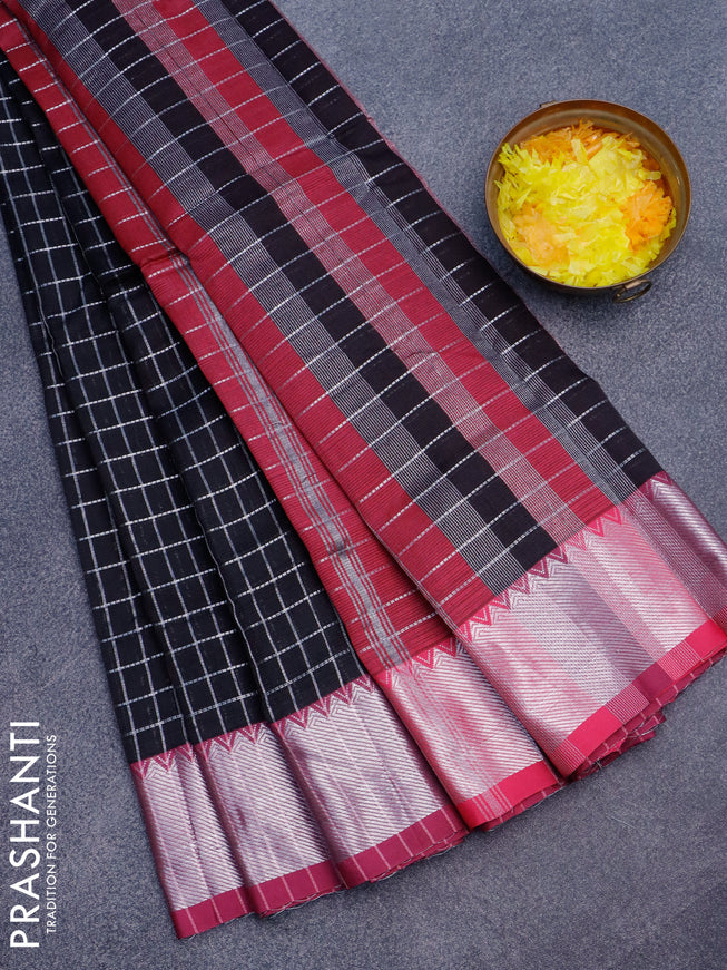 Semi mangalgiri silk saree black and dark pink with allover silver zari checked pattern and silver zari woven border