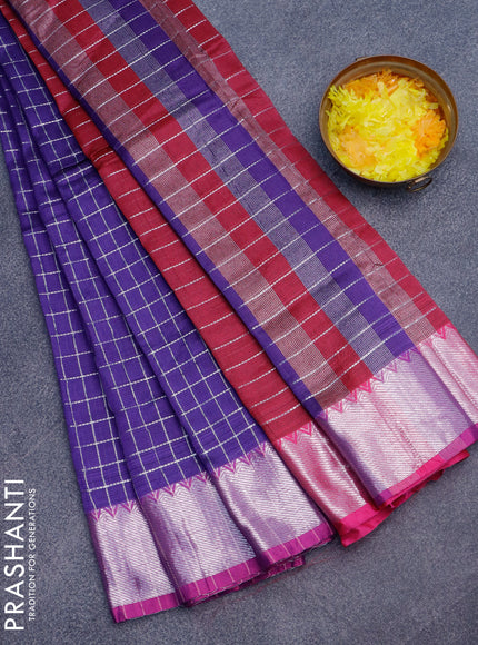 Semi mangalgiri silk saree deep violet and dark pink with allover silver zari checked pattern and silver zari woven border