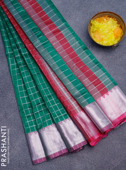 Semi mangalgiri silk saree green and pink with allover silver zari checked pattern and silver zari woven border