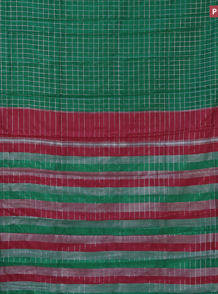 Semi mangalgiri silk saree green and pink with allover silver zari checked pattern and silver zari woven border