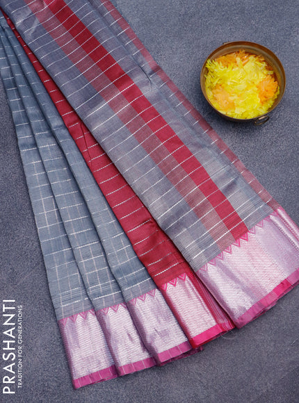 Semi mangalgiri silk saree grey and pink with allover silver zari checked pattern and silver zari woven border