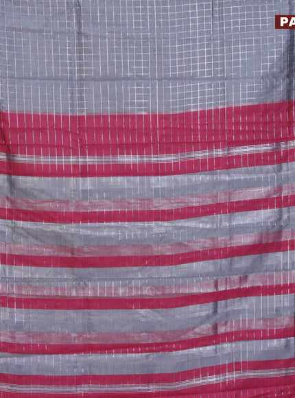 Semi mangalgiri silk saree grey and pink with allover silver zari checked pattern and silver zari woven border