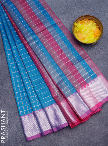 Semi mangalgiri silk saree cs blue and pink with allover silver zari checked pattern and silver zari woven border