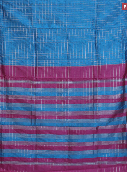 Semi mangalgiri silk saree cs blue and pink with allover silver zari checked pattern and silver zari woven border