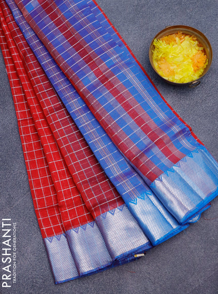 Semi mangalgiri silk saree red and dual shade of blue with allover silver zari checked pattern and silver zari woven border