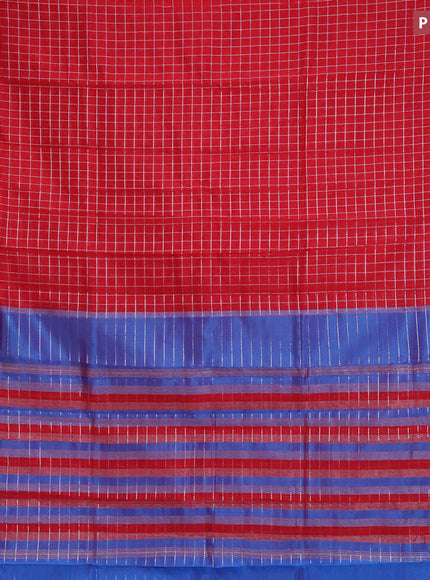 Semi mangalgiri silk saree red and dual shade of blue with allover silver zari checked pattern and silver zari woven border