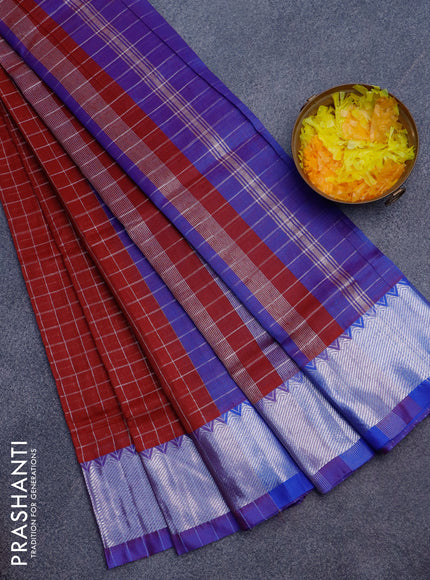 Semi mangalgiri silk saree maroon and dual shade of blue with allover silver zari checked pattern and silver zari woven border