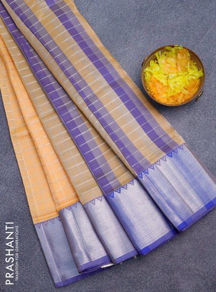 Semi mangalgiri silk saree pale orange and blue with allover silver zari checked pattern and silver zari woven border