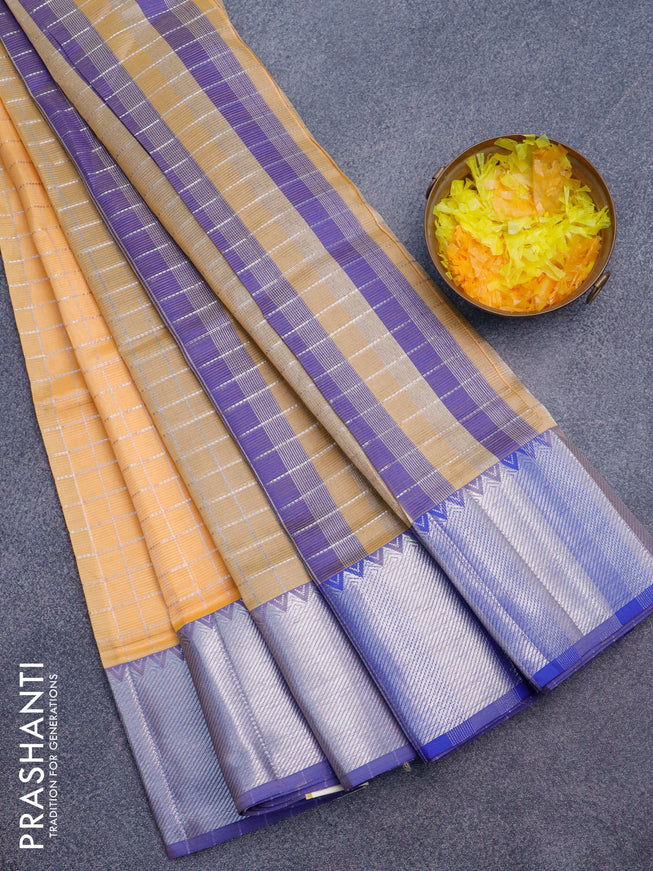 Semi mangalgiri silk saree pale orange and blue with allover silver zari checked pattern and silver zari woven border