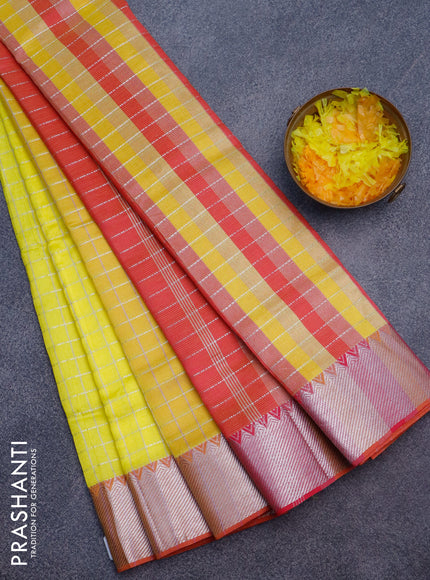 Semi mangalgiri silk saree yellow and pink with allover silver zari checked pattern and silver zari woven border