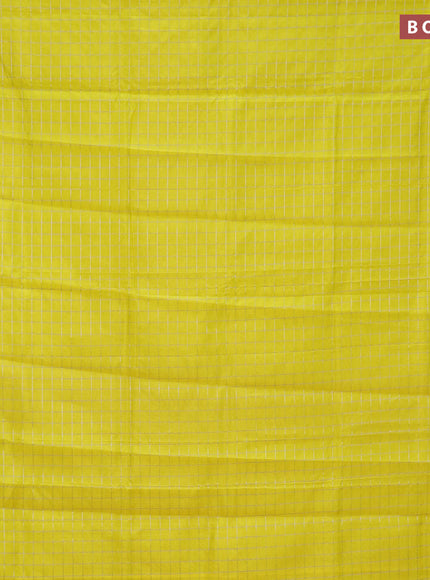 Semi mangalgiri silk saree yellow and pink with allover silver zari checked pattern and silver zari woven border