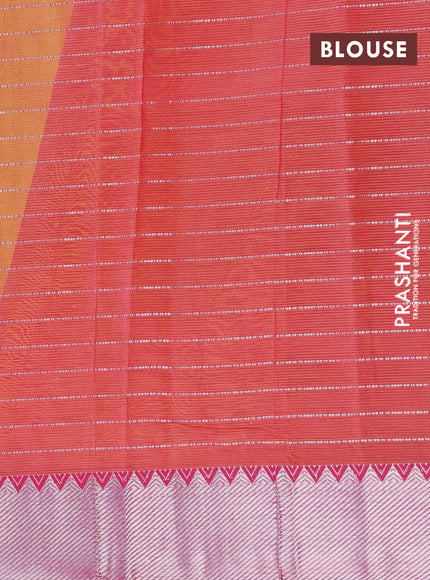 Semi mangalgiri silk saree yellow and pink with allover silver zari checked pattern and silver zari woven border