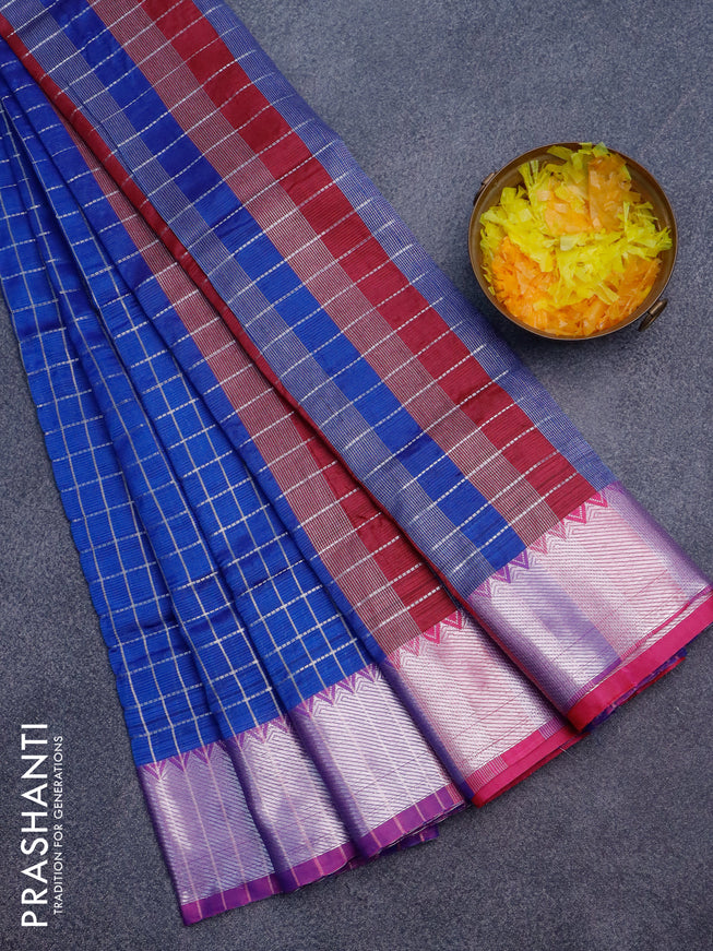 Semi mangalgiri silk saree blue and pink with allover silver zari checked pattern and silver zari woven border