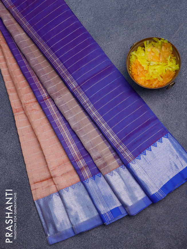 Semi mangalgiri silk saree peach shade and blue with allover silver zari checked pattern and silver zari woven border