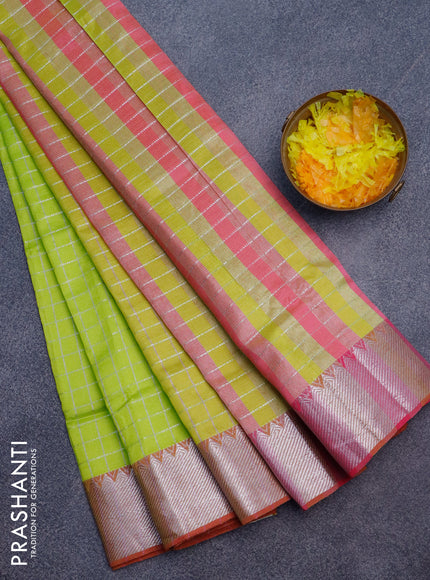 Semi mangalgiri silk saree flourescent green and pink with allover silver zari checked pattern and silver zari woven border