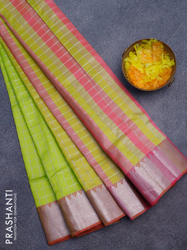 Semi mangalgiri silk saree flourescent green and pink with allover silver zari checked pattern and silver zari woven border