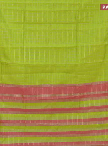 Semi mangalgiri silk saree flourescent green and pink with allover silver zari checked pattern and silver zari woven border