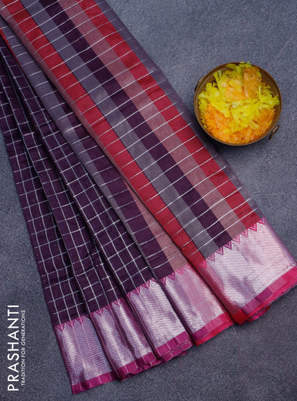 Semi mangalgiri silk saree wine shade and pink with allover silver zari checked pattern and silver zari woven border