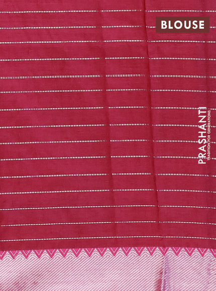 Semi mangalgiri silk saree wine shade and pink with allover silver zari checked pattern and silver zari woven border