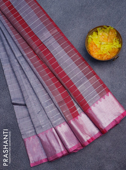 Semi mangalgiri silk saree grey and pink with allover silver zari checked pattern and silver zari woven border