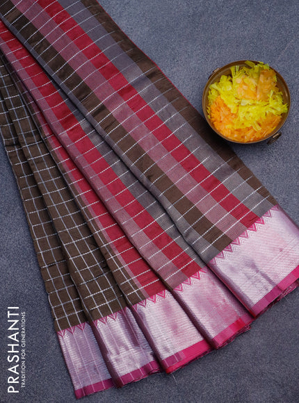 Semi mangalgiri silk saree coffee brown and dark pink with allover silver zari checked pattern and silver zari woven border