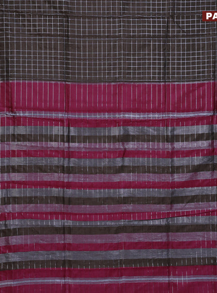 Semi mangalgiri silk saree coffee brown and dark pink with allover silver zari checked pattern and silver zari woven border