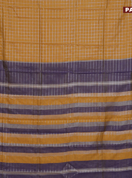 Semi mangalgiri silk saree mustard shade and blue with allover silver zari checked pattern and silver zari woven border