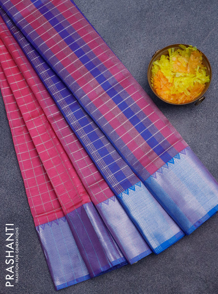 Semi mangalgiri silk saree pink and blue with allover silver zari checked pattern and silver zari woven border