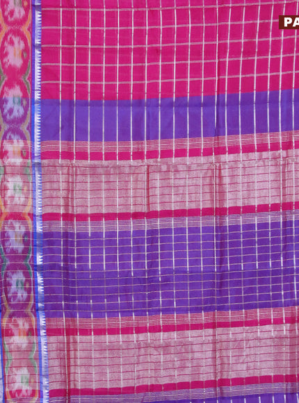 Semi mangalgiri silk saree pink and blue with allover silver zari checked pattern and silver zari woven border