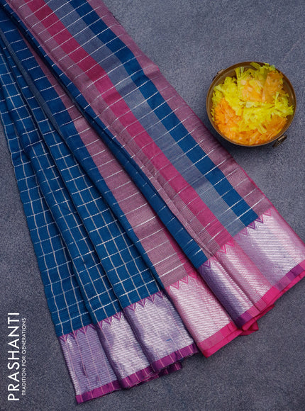 Semi mangalgiri silk saree peacock green and pink with allover silver zari checked pattern and silver zari woven border