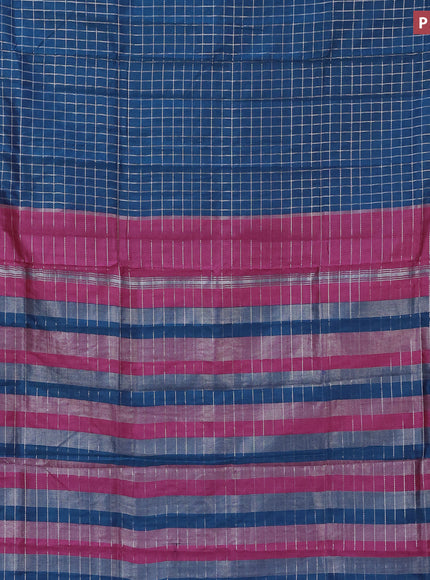 Semi mangalgiri silk saree peacock green and pink with allover silver zari checked pattern and silver zari woven border