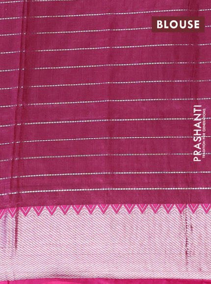 Semi mangalgiri silk saree peacock green and pink with allover silver zari checked pattern and silver zari woven border