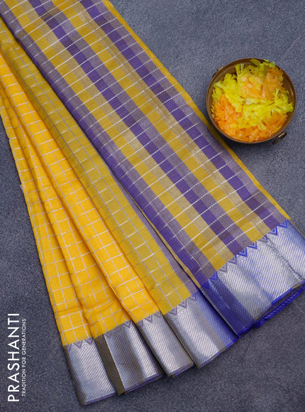 Semi mangalgiri silk saree mango yellow and blue with allover silver zari checked pattern and silver zari woven border