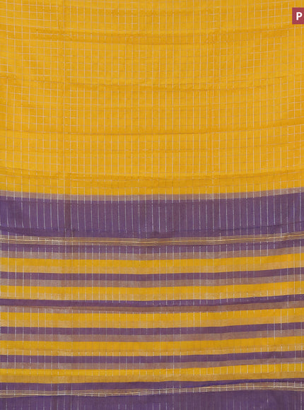 Semi mangalgiri silk saree mango yellow and blue with allover silver zari checked pattern and silver zari woven border