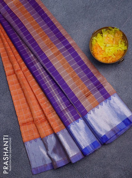 Semi mangalgiri silk saree rustic orange and dual shade of bluish orange with allover silver zari checked pattern and silver zari woven border