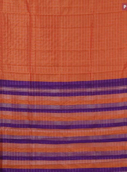 Semi mangalgiri silk saree rustic orange and dual shade of bluish orange with allover silver zari checked pattern and silver zari woven border