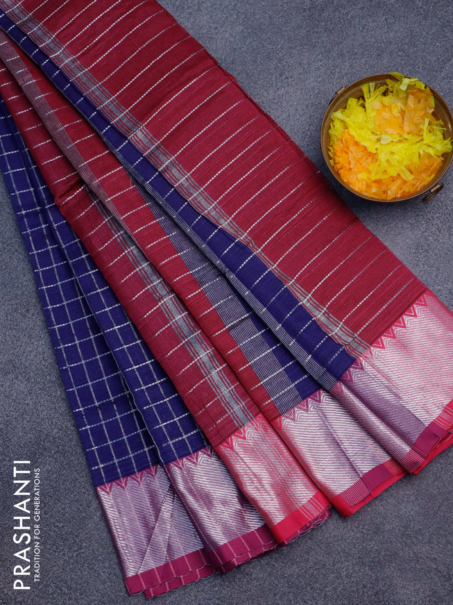 Semi mangalgiri silk saree navy blue and dark pink with allover silver zari checked pattern and silver zari woven border