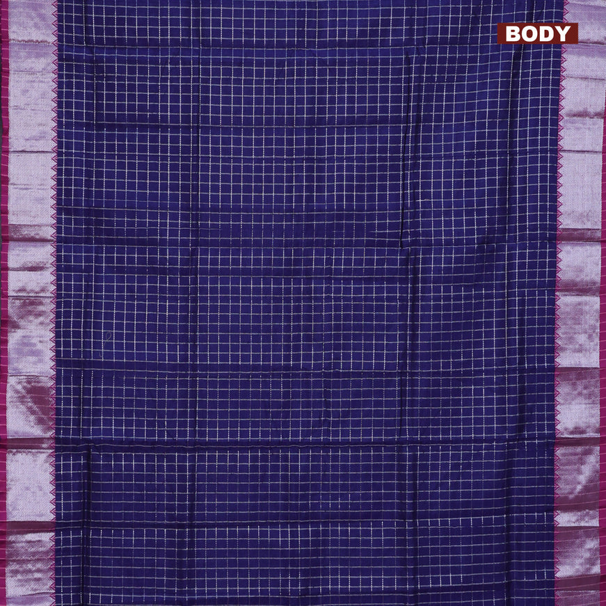 Semi mangalgiri silk saree navy blue and dark pink with allover silver zari checked pattern and silver zari woven border