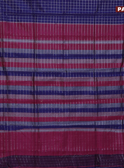 Semi mangalgiri silk saree navy blue and dark pink with allover silver zari checked pattern and silver zari woven border