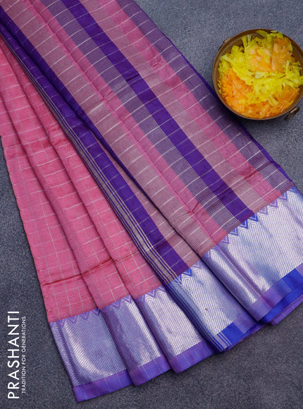 Semi mangalgiri silk saree pink and dual shade of blue with allover silver zari checked pattern and silver zari woven border