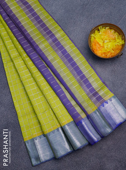 Semi mangalgiri silk saree lime green and dual shade of blue with allover silver zari checked pattern and silver zari woven border