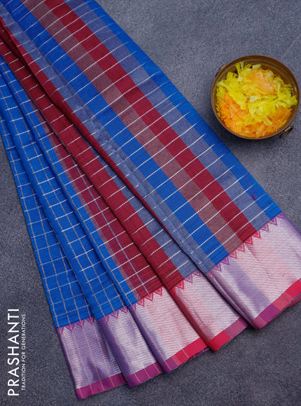 Semi mangalgiri silk saree cs blue and dark pink with allover silver zari checked pattern and silver zari woven border