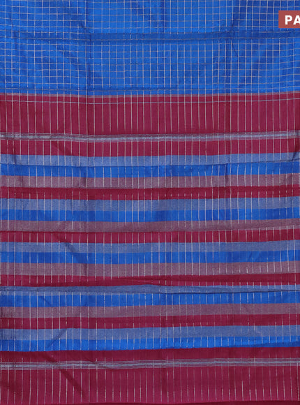 Semi mangalgiri silk saree cs blue and dark pink with allover silver zari checked pattern and silver zari woven border