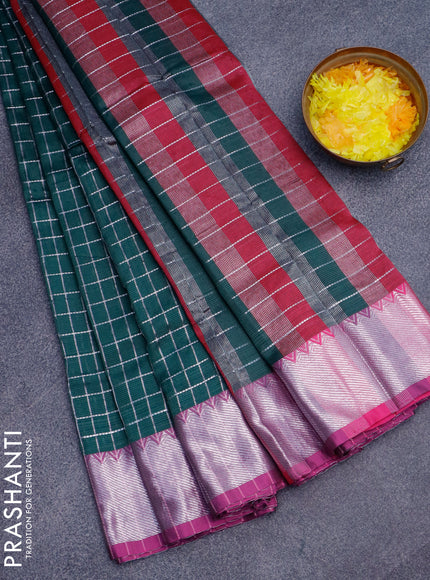 Semi mangalgiri silk saree bottle green and dark pink with allover silver zari checked pattern and silver zari woven border