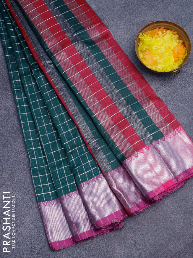 Semi mangalgiri silk saree bottle green and dark pink with allover silver zari checked pattern and silver zari woven border